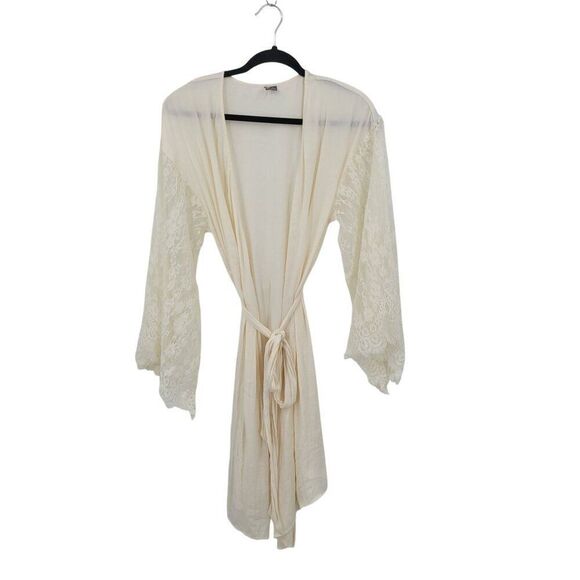 Vintage-Inspired Cream Robe Sz S Sheer Lace Kimono Sleeves Waist Tie Bridal - Picture 1 of 9